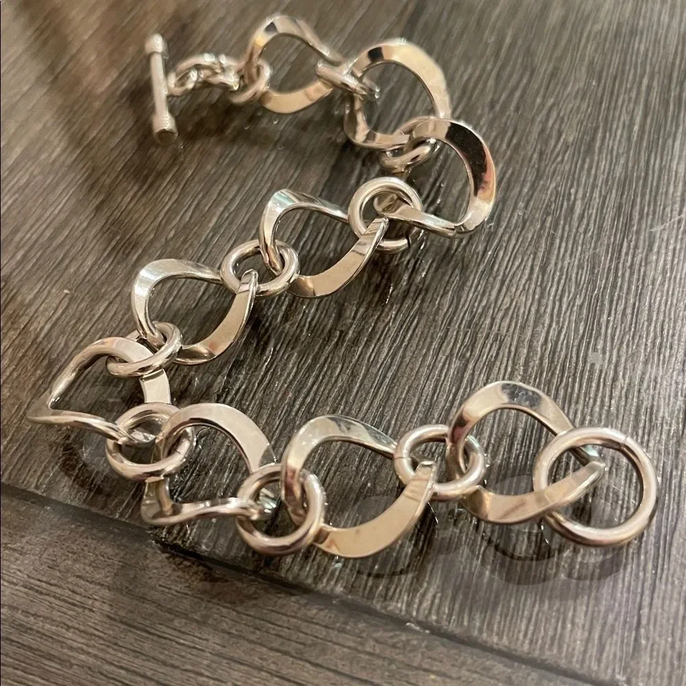 Vintage Sterling Silver Curved Circle Chain Link Toggle Bracelet, Length 7 3/4”